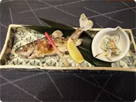 山女魚の塩焼き（会席重限定） 阿蘇郡高森町、九州山地のほぼ中央に位置する奥阿蘇の恵まれた清流の中で育てられた山女魚です。